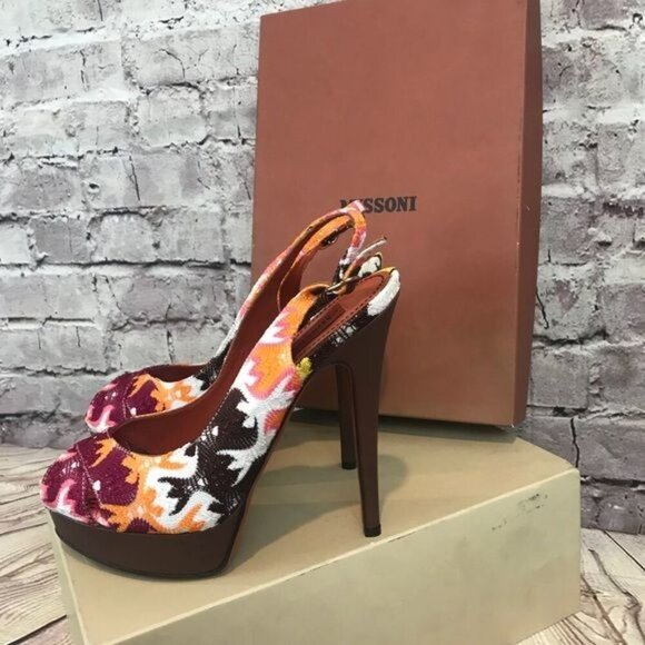 Missoni Size 9 Criss Cross Platform Slingback High Heel Sandals Peep Toe Orange - Picture 2 of 9